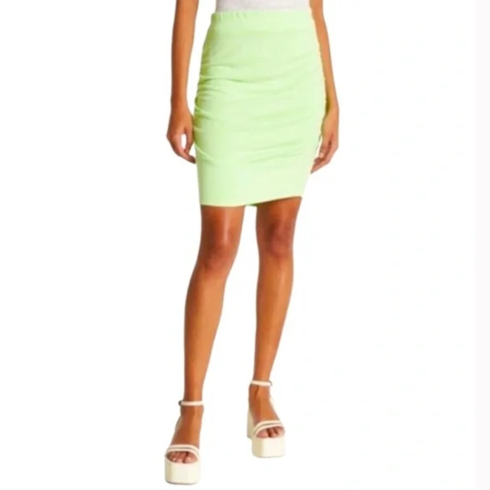 Sundry NWT French Terry Knit Ruched Mini Skirt in ‘Pop Lime’ Neon Green Size 2/M
